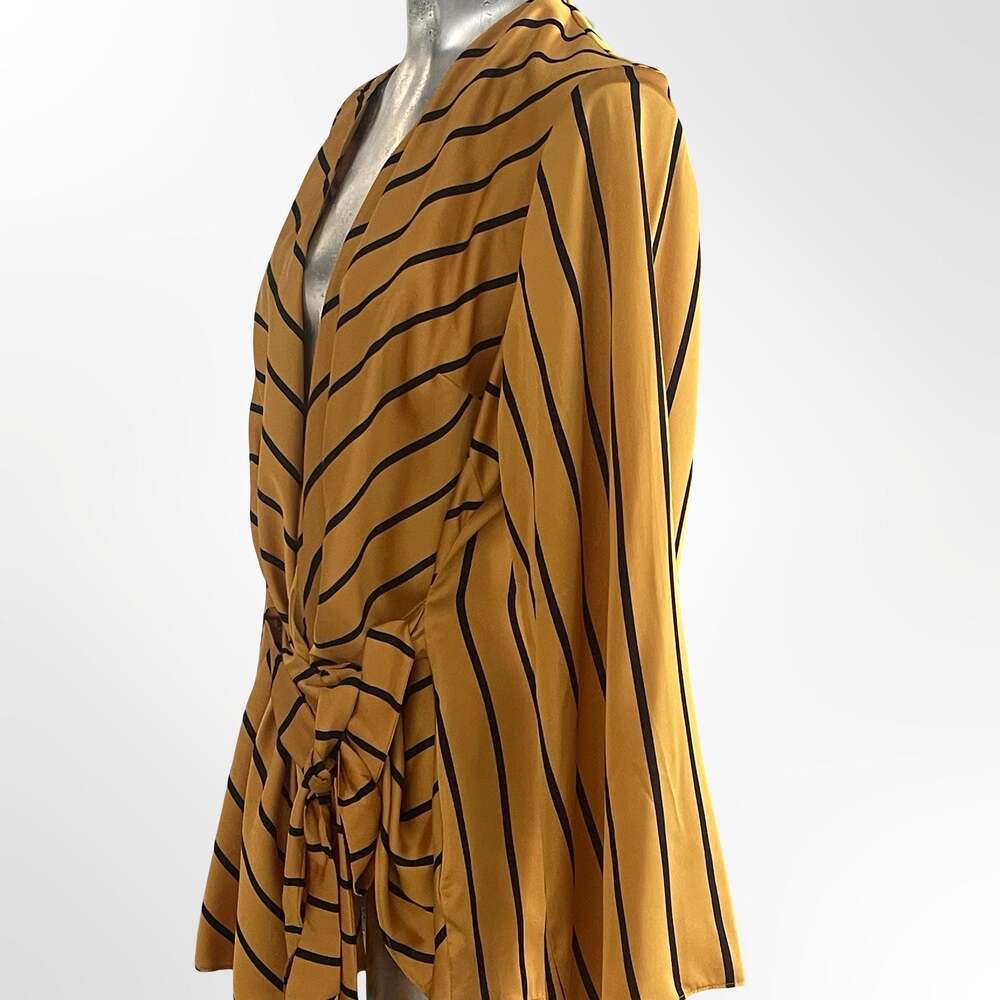 INC International Concepts Mustard Yellow and Black Striped Wrap Tie-Front Blous - Picture 2 of 5